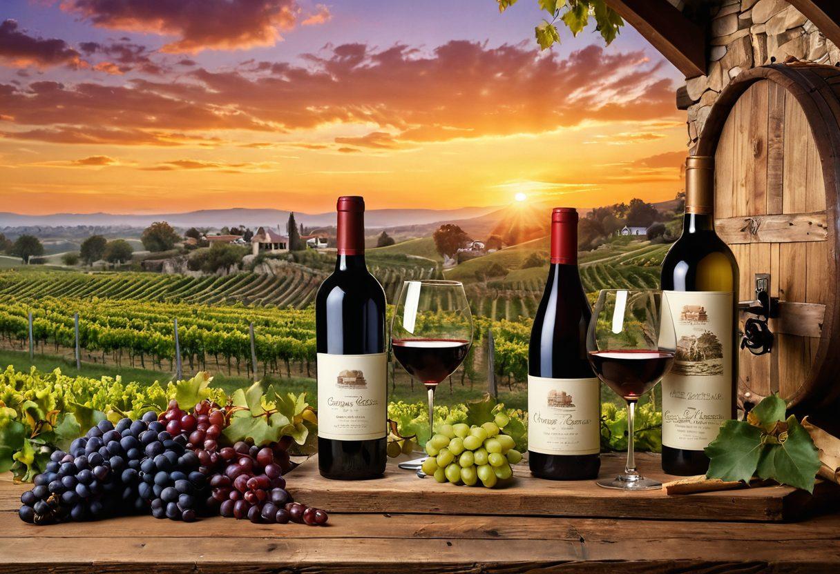 A picturesque vineyard landscape at sunset, showcasing lush grapevines and a rustic wine cellar in the background. Incorporate elegant wine glasses and an assortment of wine bottles on a wooden table, highlighting the art of wine tasting. Add elements of wine gift packaging and cultural traditions tied to wine. Capture the essence of exploration and heritage in wine. vibrant colors. super-realistic.