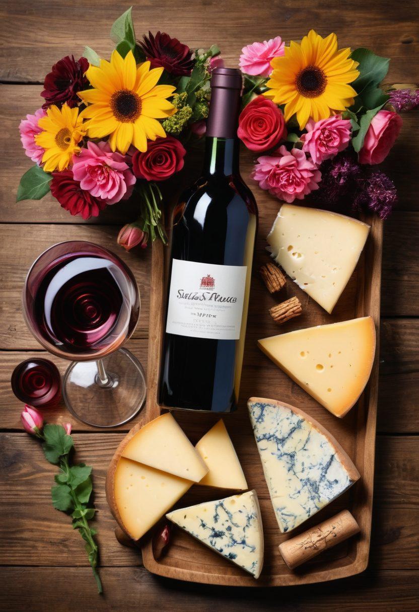 A visually appealing flat lay of assorted wine bottles, elegant wine glasses, and gourmet cheese paired with a beautiful bouquet of flowers. Include a stylish subscription box overflowing with wine-related goodies, like corkscrews and tasting notes. The background should be a rustic wooden table to evoke a warm ambiance, inviting wine enthusiasts to explore their passion. vibrant colors. super-realistic.