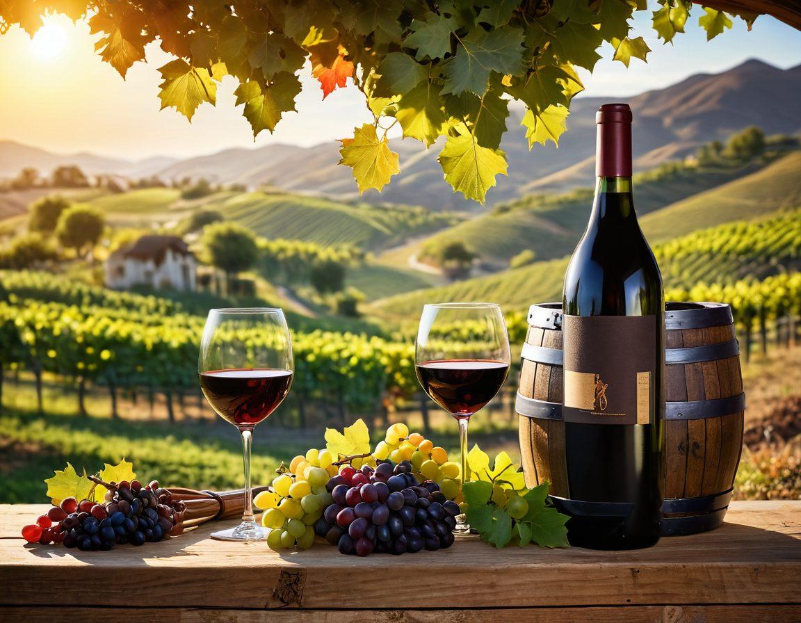 A beautifully arranged vineyard scene with lush green grapevines, a rustic wine barrel, and a glass of red wine reflecting sunlight. Include a picturesque landscape in the background, showcasing rolling hills and a setting sun. Artistic elements such as wine-making tools and cheese pairings scattered elegantly around the scene. warm colors, super-realistic, soft focus.